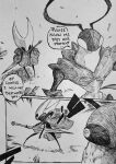 2025 2_horns 2_panel_comic absurd_res ambiguous_gender arthropod biped black_body black_eyes black_text cloak clothing comic dialogue duo ellipsis empty_eyes english_text green_prince_(hollow_knight:_silksong) hi_res holding_melee_weapon holding_object holding_weapon hollow_knight:_silksong hollow_knight_(franchise) horn hornet_(hollow_knight) humor japanese_text looking_at_another melee_weapon monochrome pupils speech_bubble standing starbind_s talking_to_another team_cherry text weapon weapon_on_back