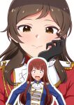  2girls absurdres aiguillette ascot black_gloves blue_jacket blush brown_eyes brown_hair closed_mouth commentary_request constricted_pupils etoile_brilliant_(idolmaster) gloves hand_on_own_cheek hand_on_own_face highres idolmaster idolmaster_million_live! idolmaster_million_live!_theater_days jacket kitazawa_shiho long_hair long_sleeves looking_at_viewer mimiu_p multiple_girls official_alternate_costume open_mouth outline red_eyes red_hair red_jacket smile surprised sweatdrop tanaka_kotoha white_ascot white_outline 