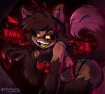 5_fingers alternate_species animal_ears anthro aroused artist_name bare_shoulders big_breasts black_background black_clothing black_hair black_sclera blood blood_from_mouth blood_in_mouth blush bodily_fluids body_horror breasts brown_body brown_hair brown_skin canid canine canis claws clothed clothing corpse costume creepy cyn_(murder_drones) dark_body dark_skin dialogue diddlydooter1 digital_drawing_(artwork) digital_media_(artwork) disguise eldritch_abomination evil_face evil_grin eye_contact eye_socket eyeshadow fangs female finger_claws fingers fishnet_clothing flirting fluffy fluffy_chest fluffy_tail freckled_face freckled_shoulders freckles fur furrification glitch_productions glowing glowing_eyes hair hi_res hollow_eyes human humanoid inner_ear_fluff insane lingerie long_hair long_tongue looking_at_another looking_at_viewer machine makeup mammal meme murder_drones mythological_canine mythological_creature mythology nightmare_fuel open_mouth panties patchwork_creature pattern_clothing paw_pose paws polka_dots pose raised_arm rawr red_clothing red_panties red_text red_topwear red_underwear robot robot_humanoid scar screen screen_eyes screen_face sharp_teeth signature simple_background skinsuit smile solo spots spotted_clothing stitch_(sewing) tail teeth tessa_(murder_drones) text tight_clothing tongue topwear tuft undead underwear unusual_anatomy villainess villainous werecanid werecanine werecreature werewolf wolf wolf_tail worker_drone wounded x3 x_eyes yellow_eyes yellow_tongue
