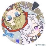  2girls :3 blonde_hair blue_eyes blue_gemstone brown_coat brown_jacket chibi closed_mouth coat fang fang_out fish fur-trimmed_coat fur_trim gem green_necktie grey_background hair_over_one_eye headscarf highres jacket long_hair looking_at_viewer mole mole_under_eye mole_under_mouth mossi_(mossi0816) multiple_girls necktie one_eye_covered pickaxe purple_eyes red_headscarf red_scarf reverse:1999 rock rotational_symmetry round_image ruler scarf shirt smile twitter_username upper_body upside-down vila_(reverse:1999) white_shirt windsong_(reverse:1999) 