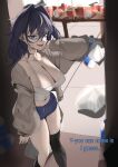  1girl :d absurdres black_hair black_socks black_thighhighs blue_eyes blue_shorts breasts camisole cleavage collarbone commentary daaku_(koizumi_arata) english_commentary english_text fang grey_jacket hair_between_eyes highres hololive hololive_english indoors jacket kneehighs large_breasts long_hair long_sleeves looking_at_viewer messy_hair messy_room midriff navel open_clothes open_jacket open_mouth ouro_kronii plastic_bottle puffy_long_sleeves puffy_sleeves short_shorts shorts single_kneehigh single_sock single_thighhigh smile socks solo spaghetti_strap table thighhighs tile_floor tiles too_many trash_bag virtual_youtuber white_camisole 