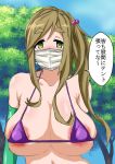  10s 1girl areola_slip areolae bare_shoulders bikini blush breasts cleavage cloud eyebrows eyebrows_visible_through_hair face_mask green_eyes hair_bobbles hair_ornament huge_breasts inuyama_aoi kinkin18 long_hair looking_at_viewer mask micro_bikini navel outdoors purple_bikini side_ponytail sky solo standing swimsuit thick_eyebrows tied_hair tree upper_body yurucamp 