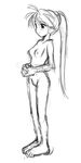  1girl artist_request breasts copo_deluxe female full_body long_hair monochrome nude pokemon ponytail simple_background sketch solo standing yellow yellow_(pokemon) 