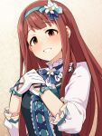  1girl blue_dress blue_hairband blunt_bangs bodice breasts brown_background brown_eyes brown_hair collar commentary_request dot_nose dress flower frilled_collar frills gloves gradient_background grin hair_flower hair_ornament hairband hands_on_own_chest highres idolmaster idolmaster_million_live! idolmaster_million_live!_theater_days light_blush long_hair looking_at_viewer medium_breasts neck_ribbon own_hands_together revision ribbon shirt sidelocks smile solo straight_hair tanaka_kotoha three-quarter_sleeves uccow upper_body white_gloves white_shirt 