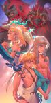  1girl 3boys absurdres anniversary archaic_set_(zelda) armlet bags_under_eyes bare_shoulders beard black_sclera blonde_hair blue_eyes body_markings braid choker clenched_hand colored_sclera commentary crown_braid demon_dragon_(zelda) dragon dress earrings eastern_dragon english_commentary facial_hair ganondorf green_eyes grey_hair grey_skirt grin hair_between_eyes highres horns jewelry laurel_crown light_dragon_(zelda) link long_hair master_sword mulchobab multiple_boys original own_hands_clasped own_hands_together poi pointy_ears princess_zelda red_eyes red_hair scar scar_on_chest secret_stone sidelocks skirt smile strapless strapless_dress sword teardrop_facial_mark teeth the_legend_of_zelda the_legend_of_zelda:_tears_of_the_kingdom thick_eyebrows topless_male triforce upper_body weapon yellow_eyes 