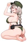  1girl :d absurdres ass barefoot belt bikini black_belt black_nails blush braid braided_ponytail breasts camouflage camouflage_bikini camouflage_hat commentary english_commentary fang feet full_body green_bikini green_hat grey_hair hair_ornament hairclip halterneck hat highres indie_virtual_youtuber large_breasts long_hair looking_at_viewer moursho red_eyes saruei_(vtuber) scar scar_across_eye scar_on_face sideboob simple_background smile soles solo string_bikini swimsuit very_long_hair virtual_youtuber white_background 