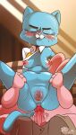  anthro anus balls blue_body blue_fur blush bodily_fluids bottomless bottomless_anthro bottomless_female breasts cartoon_network clothed clothing coach domestic_cat duo exposed_breasts eyelashes fangs felid feline felis female freckled_chest freckled_shoulders freckles front_view fur furniture genitals hi_res holding_up_partner interior_background lagomorph leporid male male/female mammal nicole_watterson obscured_face penis pink_body pink_fur rabbit richard_watterson scott_ramsoomair sex slightly_chubby slightly_chubby_anthro slightly_chubby_female sofa spread_legs spreading stairs sweat sweaty_face teeth the_amazing_world_of_gumball unbuckled_pants unzipped unzipped_pants vglewds vulva whiskers zipper 