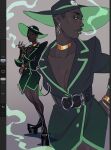  1girl 8-ball art_program_in_frame artist_name belt black_dress black_hair black_hat bracelet breasts cigarette_holder cleavage colored_smoke commentary dark-skinned_female dark_skin dress earrings english_commentary eyeshadow frown gradient_socks green_eyeshadow green_hat green_lips green_trim hat highres homestuck humanization indigonite jewelry lapels looking_at_viewer makeup medium_breasts multiple_bracelets multiple_piercings multiple_rings multiple_views necklace notched_lapels ring short_dress short_hair shoulder_pads smoke snowman_(homestuck) very_dark_skin 