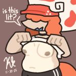 1:1 aliasing anthro areola armor big_hands black_bottomwear black_clothing black_shorts blue_mouth bottomwear breasts brown_areola brown_nipples cephalopod cephalopod_shell choker clothed clothing clothing_lift dated dialogue digital_media_(artwork) exposed_breasts flashing flashing_breasts gynomorph hair headgear helmet intersex jagged_mouth jewelry kelly_kilbride marine midriff mollusk mollusk_shell multicolored_body naudia_(kelly_kilbride) nautilus navel necklace nipples no_bra nonbinary_(lore) open_mouth orange_hair orange_tail orange_tentacles overweight overweight_gynomorph overweight_intersex pattern_bottomwear pattern_clothing presenting presenting_belly presenting_breasts red_stripes shell shirt shirt_lift shorts signature solo speech_bubble standing striped_bottomwear striped_clothing stripes tail talking_to_viewer tan_body tentacle_tail tentacles topwear two_tone_body unusual_anatomy unusual_tail white_clothing white_shirt white_stripes white_topwear