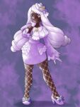 1girl commentary dark-skinned_female dark_skin dress english_commentary fishnet_pantyhose fishnets gloves greatmothsucks hair_ornament hand_on_own_cheek hand_on_own_face highres jacinthe_(pokemon) juliet_sleeves long_hair long_sleeves looking_at_viewer low_drills pantyhose pokemon pokemon_legends:_z-a puffy_sleeves purple_dress purple_eyes purple_hair smile sugimori_ken_(style) very_dark_skin white_gloves 