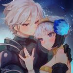  1boy 1girl arm_around_shoulder armor armored_dress bare_shoulders black_armor blush breasts choker commentary couple crown dress grey_hair gwendolyn_(odin_sphere) hair_between_eyes hand_on_another's_chest head_wings hetero highres hug jewelry long_hair night night_sky odin_sphere oswald_(odin_sphere) purple_eyes red_eyes ring shooting_star short_hair signature sky smile star_(sky) starry_sky strapless strapless_dress upper_body valkyrie white_hair wings yatyou6666 