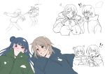  !? >_< +++ 2girls :p :q absurdres anger_vein blue_eyes blue_hair blue_hoodie blush cat's_tongue collared_jacket dolls_kissing ear_blush eating fang food green_jacket grey_hair grin hair_bun highres holding holding_food holding_snowball hood hoodie jacket jorpxn love_live! love_live!_sunshine!! multiple_girls nose_blush partially_colored purple_eyes short_hair single_side_bun smile snowball snowball_fight snowman throwing tongue tongue_out tsushima_yoshiko v-shaped_eyebrows watanabe_you yuri 