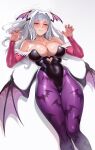  1girl absurdres animal_print bat_print black_leotard breasts bridal_gauntlets claw_pose clothing_cutout commentary_request cosplay covered_navel darkstalkers demon_girl demon_wings fingernails grey_hair head_wings heart_cutout highleg highleg_leotard highres idolmaster idolmaster_(classic) large_breasts leotard long_hair looking_at_viewer machi_(machi333) morrigan_aensland morrigan_aensland_(cosplay) nail_polish pantyhose print_pantyhose purple_nails purple_pantyhose shijou_takane simple_background solo white_background wings 