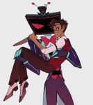 4_fingers alastor_(hazbin_hotel) antennae_(anatomy) blue_claws bottomwear bow_tie bridal_carry brown_eyes brown_hair carrying_another carrying_partner claws clothing duo electronics eyewear fingers flat_screen flat_screen_television flatscreen footwear for_a_head glasses grin hair half-closed_eyes hat hazbin_hotel headgear headwear hellaverse hi_res holding_another holding_object holding_partner holding_weapon human humanoid intimidation knife long_sleeves looking_at_viewer male male/male mammal narrowed_eyes object_head pants protective red_eyes screen screen_face screen_head serious serious_face shirt shoes short_hair simple_background size_difference smile suit television threatening topwear tv_head vox_(hazbin_hotel) weapon wearing_glasses white_background ygoandchill