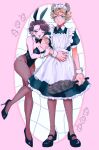 1boy 1girl 7skk :< ;d alternate_costume animal_ear_fluff animal_ears apron arm_at_side arm_hug asymmetrical_bangs black_bow black_bowtie black_dress black_leotard black_shoes blonde_hair blue_eyes blush border bow bowtie breasts brown_hair cleavage cocked_eyebrow collarbone commentary_request contrast_collar crossdressing crossdressing_(mtf) curtained_hair detached_collar dress duster earrings eyelashes fake_animal_ears fake_tail fingernails frilled_apron frills full_body furrowed_brow grid_background grin hair_between_eyes hetero high_heels highleg highleg_leotard holding holding_duster hyena_boy hyena_ears inset_border jewelry leaning_forward leotard maid maid_apron maid_headdress male_maid mary_janes medium_breasts medium_dress motion_lines oc_x_canon one_eye_closed open_mouth original pantyhose parted_hair pink_background playboy_bunny puffy_short_sleeves puffy_sleeves rabbit_ears rabbit_tail raised_inner_eyebrows round_border ruggie_bucchi shoes short_hair short_sleeves smile standing standing_on_one_leg strapless strapless_leotard stud_earrings tail tareme twisted_wonderland wavy_hair white_apron white_background white_wrist_cuffs wrist_cuffs 