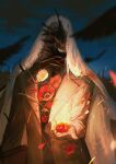  1boy bird black_bird black_coat black_gloves blue_sky burning charon_(reverse:1999) coat embers facing_viewer fire flower gloves hashtag-only_commentary highres holding holding_flower male_focus night night_sky object_head poppy_(flower) red_flower reverse:1999 sky solo thorns upper_body veil white_flower white_veil xjsbca 
