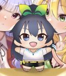  2girls :d anjerain black_hair blonde_hair blurry blurry_background character_doll commentary_request doll fang fingernails ganaha_hibiki green_eyes green_nails grey_hair hair_ribbon high_ponytail highres hoshii_miki idolmaster idolmaster_(classic) long_hair looking_at_viewer multiple_girls nail_polish open_mouth pink_eyes ponytail ribbon shijou_takane shirt smile standing white_shirt 