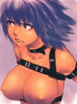  bare_shoulders blue_eyes blue_hair breasts copyright_request dark_skin fang fumio_(rsqkr) large_breasts nipples short_hair sketch solo 