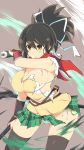  1girl asuka_(senran_kagura) black_hair bra breasts cleavage closed_mouth gloves hair_ornament hair_ribbon highres large_breasts ponytail red_scarf ribbon scabbard scarf scroll senran_kagura sheath shirt skirt solo sword tenpesuto thighhighs torn torn_bra torn_clothes torn_scarf torn_shirt torn_skirt underwear weapon white_ribbon yellow_eyes 