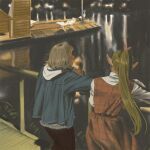  2girls against_railing amber389 bird blonde_hair blue_jacket blush commentary contemporary dress dungeon_meshi elf falin_touden falin_touden_(tallman) from_behind hashtag-only_commentary heron jacket long_hair marcille_donato multiple_girls night ocean pointy_ears ponytail railing red_dress shirt short_hair smile white_shirt 