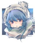  1girl beanie blue_hair blue_scarf border brown_hat brown_scarf commentary_request green_scarf hanabi_(karintou15) hat looking_at_viewer multicolored_scarf parted_lips pom_pom_(clothes) pom_pom_beanie portrait red_eyes scarf shima_rin solo star_(sky) starry_sky_background striped_clothes striped_scarf twitter_username white_border yurucamp 