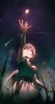 1girl absurdres arm_up black_dress black_hair breasts commentary_request dress highres jellyfish_cut katsuragi_izumi link!_like!_love_live! long_hair love_live! medium_breasts night night_sky orange_eyes outdoors purple_sky reaching shooting_star sky sleeveless sleeveless_dress solo star_(sky) starry_sky sunkeun virtual_youtuber 