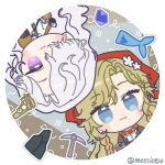  2girls :3 blonde_hair blue_eyes blue_gemstone brown_coat brown_jacket chibi closed_mouth coat commentary_request fang fang_out fish fur-trimmed_coat fur_trim gem green_necktie grey_background hair_over_one_eye headscarf highres jacket korean_commentary long_hair looking_at_viewer mole mole_under_eye mole_under_mouth mossi_(mossi0816) multiple_girls necktie one_eye_covered pickaxe purple_eyes red_headscarf red_scarf reverse:1999 rock rotational_symmetry round_image ruler scarf shirt smile twitter_username upper_body upside-down vila_(reverse:1999) white_shirt windsong_(reverse:1999) 