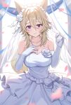  1girl absurdres animal_ears bare_shoulders blonde_hair breasts bridal_veil bride cat_ears cat_girl cat_tail cleavage closed_mouth commentary_request dress elbow_gloves flower gloves hair_between_eyes hair_flower hair_ornament hand_on_own_chest highres jewelry kage_no_jitsuryokusha_ni_naritakute! large_breasts looking_at_viewer matsumoto_yuu necklace purple_eyes short_hair_with_long_locks smile solo tail veil wedding_dress white_dress white_gloves zeta_(kagejitsu) 