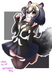  1girl animal_ears black_gloves black_hair black_skirt black_vest breasts brown_eyes character_name collared_shirt commentary_request copyright_name elbow_gloves fingerless_gloves gloves grey_shirt grin hair_between_eyes hands_up kemono_friends light_blush looking_at_viewer medium_breasts monochrome_background multicolored_hair pleated_skirt shirt short_hair short_sleeves simple_background skirt skunk_ears skunk_girl skunk_tail smile solo spotted_skunk_(kemono_friends) tail thighhighs two-tone_hair uri200illust vest white_hair zettai_ryouiki 