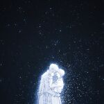  2boys bellta_(kimbellta) coat commentary_request cowboy_shot glowing hand_on_another's_back hand_on_another's_face kim_dokja korean_commentary leaning_forward limited_palette multiple_boys night night_sky omniscient_reader's_viewpoint open_clothes open_coat popped_collar short_hair sky star_(sky) starry_sky yoo_joonghyuk 