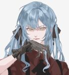  1girl bang_dream! bang_dream!_it's_mygo!!!!! black_gloves black_ribbon blue_hair commentary gloves hair_ribbon hand_up highres long_hair looking_at_viewer oblivionis_(bang_dream!) putaooking red_shirt ribbon shirt short_hair solo symbol-only_commentary togawa_sakiko upper_body yellow_eyes 