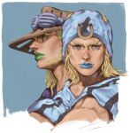  2boys beanie beard blonde_hair blue_eyes blue_hat blue_hoodie blue_lips brown_hat comic_cover_redraw commentary cowboy_hat derivative_work english_commentary facial_hair goggles goggles_on_headwear green_eyes green_lips gyro_zeppeli hat highres hood hood_down hoodie horse_print horseshoe_hat_ornament horseshoe_ornament johnny_joestar jojo_no_kimyou_na_bouken long_hair looking_at_viewer lunar_albatross makeup male_focus medium_hair multiple_boys parted_lips profile purple_shirt shirt star_(symbol) star_print steel_ball_run 