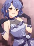  1girl :d bare_shoulders black_gloves blue_hair blurry blurry_background blush bow breasts brown_eyes collarbone commentary_request depth_of_field dress gloves grey_dress hair_between_eyes hands_up highres idolmaster idolmaster_million_live! idolmaster_million_live!_theater_days looking_at_viewer medium_breasts purple_bow revision sleeveless sleeveless_dress smile solo toyokawa_fuka uccow 