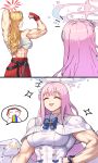  2girls abs absurdres akemi_(blue_archive) alternate_muscle_size angel_wings biceps blonde_hair blue_archive breasts capelet chest_sarashi commentary crossed_belts delinquent feathered_wings flexing fluffy_hair gloves gradient_halo hair_bun halo highres ksksksa low_wings mika_(blue_archive) multicolored_halo multiple_girls muscle_awe muscular muscular_female obliques pink_hair pink_halo rainbow red_gloves red_halo sarashi scrunchie single_side_bun sparkle sukeban symbol-only_commentary vomiting_rainbows white_capelet white_wings wings wrist_scrunchie 