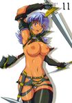  artist_request blue_hair breasts dagger dark_skin elbow_gloves gloves highres irma large_breasts navel nipples panties pink_eyes queen's_blade scan short_hair solo sweat sword thighhighs topless underwear weapon 