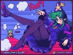  2girls ascot black_pantyhose blue_capelet blue_hat bow bowtie capelet comet_summoner98 commentary english_commentary green_hair hat high_heels kazami_yuuka kazami_yuuka_(pc-98) long_hair long_sleeves mima_(touhou) multiple_girls open_clothes open_vest pants pantyhose red_pants red_vest smile sun_print sun_symbol touhou touhou_(pc-98) vest witch_hat wizard_hat yellow_ascot yellow_bow yellow_bowtie 