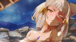  1girl animal_ear_fluff animal_ears blush cat_ears cat_girl chest_jewel commentary_request grey_hair hair_ribbon highres looking_at_viewer nia_(xenoblade) night night_sky nude onsen parted_lips partially_submerged ribbon shindayomon short_hair sky solo upper_body water wet xenoblade_chronicles_(series) xenoblade_chronicles_2 yellow_eyes yellow_ribbon 