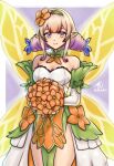  1girl bare_shoulders blonde_hair blue_hair bouquet breasts bride cleavage commentary detached_sleeves english_commentary fairy fire_emblem fire_emblem_heroes flower gradient_hair hair_flower hair_ornament highres holding holding_bouquet large_breasts looking_at_viewer multicolored_hair orange_flower peony_(fire_emblem) pointy_ears purple_eyes purple_hair rotomdocs short_hair smile solo thighs wings 