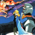  1970s_(style) 1980s_(style) 1boy 1girl absurdres aircraft battle blonde_hair boots bullet_hole burning cityscape couple damaged death destruction dress earth_federation epaulettes flying garma_zabi gaw gundam highres icelina_eschonbach laserdisc_cover logo machinery mecha military_uniform mobile_suit mobile_suit_gundam night purple_hair retro_artstyle robot ruins rx-78-2_gundam sano_hirotoshi scan scene_reference science_fiction smoke spoilers title traditional_media v-fin yellow_eyes zeon 