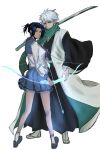  1boy 1girl almightybuttcheeks alternate_universe arrow_(projectile) black_hair black_shoes bleach bleach:_sennen_kessen-hen blue_eyes bow_(weapon) breasts commentary english_commentary green_eyes green_scarf haori highres hitsugaya_toushirou holding holding_arrow holding_bow_(weapon) holding_sword holding_weapon japanese_clothes kurosaki_karin long_sleeves medium_breasts miniskirt pleated_skirt ponytail puffy_long_sleeves puffy_sleeves quincy_(bleach) sandals scarf school_uniform serafuku shihakusho shoes short_ponytail skirt socks sword taichou_haori weapon white_hair white_socks 