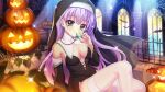  1girl arm_support bare_shoulders bat_ornament black_bustier black_sleeves blurry blurry_foreground blush breasts brick_wall bug bustier closed_mouth detached_sleeves dot_nose fence film_grain game_cg gem green_eyes green_gemstone halloween halloween_costume hand_up hokaze_kanade holding indoors iron_fence ivy izumi_tsubasu jack-o'-lantern jewelry knees_up large_breasts lens_flare long_hair looking_at_viewer necklace non-web_source nun official_art on_table purple_hair re:stage! silk sitting smile solo sparkle spider spider_web table thighhighs white_thighhighs window 