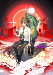  2boys absurdres back-to-back black_pants breast_pocket brown_hair brown_shoes chair chinese_commentary closed_mouth collared_shirt commentary_request danganronpa_(series) danganronpa_2:_goodbye_despair different_shadow expressionless full_body glass_shard green_eyes green_necktie highres hinata_hajime holding_glass_shard hood hood_down hooded_coat jingzhongyin kamukura_izuru komaeda_nagito long_sleeves male_focus multiple_boys necktie on_chair pants pocket popsicle_stick shirt shoes short_hair short_sleeves sitting sneakers tsurime white_hair white_shirt white_shoes wing_collar 