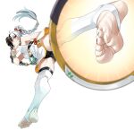  1girl ahoge aqua_nails bare_shoulders black_hair black_shorts braid braided_twintails breasts cable chakram china_dress chinese_clothes commentary_request dialyn_(zenless_zone_zero) double_bun dress earrings eiji_(eiji) feet foot_focus full_body hair_bun hair_extensions hair_ornament high_kick highres jewelry kicking leg_up long_hair medium_breasts multicolored_hair multicolored_nails nail_polish open_mouth panda_hair_ornament pelvic_curtain red_nails ring_hair_extensions shorts simple_background solo split-color_hair standing standing_on_one_leg stirrup_legwear thighhighs toeless_legwear toenail_polish toenails weapon white_background white_hair white_thighhighs yellow_eyes zenless_zone_zero 
