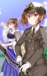  arrow bow_(weapon) brown_eyes brown_hair cloud flight_deck gloves hakama_skirt hat inagawa_(kidou_kairo) japanese_clothes kaga_(jmsdf) kaga_(kantai_collection) kantai_collection military military_hat military_uniform multiple_girls muneate naval_uniform partly_fingerless_gloves peaked_cap side_ponytail sky uniform weapon 