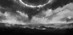 commentary crash english_commentary falling gi_hu greyscale highres horizon monochrome night no_humans ocean omniscient_reader's_viewpoint sky spacecraft star_(sky) starry_sky very_wide_shot waves 
