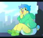  anthro candy canid canine canis clothing cub cuddlehooves diaper dog eating food happy hoodie looking_at_viewer mammal outside sitting smile solo young 