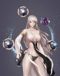  &gt;_&lt; absurdres artist_name black_panties blue_eyes breasts closed_eyes collarbone contrapposto detached_sleeves dungeon_and_fighter earrings female_gunner_(dungeon_and_fighter) female_mechanic_(dungeon_and_fighter) floating floating_object glint grey_background hair_ornament hand_on_hip highres jewelry large_breasts light_particles long_hair monaim panties parted_lips pelvic_curtain silver_hair simple_background smile solo standing string_panties underwear very_long_hair wide_sleeves 