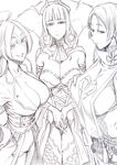  3girls ahoge bodysuit breasts carmilla_(fate/grand_order) cleavage coat curly_hair fate/extra fate/grand_order fate_(series) fingernails long_hair minamoto_no_raikou_(fate/grand_order) monochrome multiple_girls open_mouth panties pants rider_(fate/extra) scar smile 