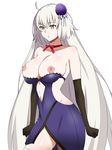  bare_shoulders black_gloves breasts breasts_outside cleavage dress elbow_gloves fate/grand_order fate_(series) flower gloves hair_flower hair_ornament highres jeanne_d'arc_(alter)_(fate) jeanne_d'arc_(fate)_(all) kagemusha large_breasts long_hair navel nipples simple_background solo thighhighs white_background white_hair yellow_eyes 