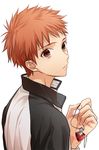  akuta_michi bangs brown_eyes brown_hair emiya_shirou fate/stay_night fate_(series) jacket jewelry looking_at_viewer male_focus necklace pendant simple_background solo track_jacket white_background 